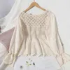 Stitching Contrast Color Blouse Lace Hook Flower Hollow Knitted Buttoned V-neck Autumn All-match Shirt GX1171 210506