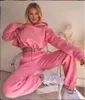 2 pièces Ensemble Femmes Printemps Automne Survêtement Solide Sweats à capuche Cordon Crop Top et taille élastique Pantalon Costume Mode Sports Tenues Y0625