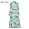 Модное дизайнерское платье лето женское платье с длинным рукавом зеленый цветочный принт шифон каникул MIDI 210524