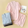 和風着物の女性ソリッドカラー半袖+ショートパンツ純粋な綿の二重ガーゼパジャマ睡眠パンツスーツプラスサイズ210831