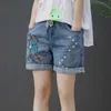 Chegada Mulheres Verão Vintage Jeans Rasgado Shorts Patchwork Bordado Solto Casual Cintura Elastic Denim S909 210629