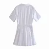 Été à manches courtes revers blanc femme robe français plis taille Chic doux femmes Culottes 210507