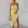 Foridol Striped Lace Up Yellow Maxi Long Dress WomenのフリルカジュアルビーチホリデーSundressセクシーな背中の不規則なドレスvestidos 210415