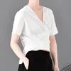 [EAM]女性砥石ノット不規則大きなサイズブラウスVカラー長袖ルースフィットシャツファッションスプリング夏WG86100 21512