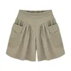 Shorts Feminino Verão Feminino Casual Linha A Feminino Cor Sólida Bolsos Remendados Cintura Alta Curto Plissado Perna Larga