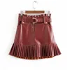 Snyggt chic PU Läder Kvinnor Kjol Ruffles Bow Slips Sashes Fickor Zipper Fly Kjolar Pläterad Kvinna Mini Mujer 4 Färger 210430