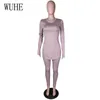 WUHE Streetwear Set due pezzi manica lunga O collo Sexy spacco laterale Crop Top + pantaloni attillati a matita Casual Club Fitness Abiti sportivi Y0625