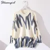 Biały sweter Oversize Sweter Women Striped Print Samica Winter Warm Knitted Tops Damska Oversized sweter dla kobiet Moda 211103