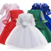 New Year Children Dress Pearls Flower Girls Wedding Princess Dress Kids Dresses For Girls Party Lace Long Sleeve infant vestido Q0716