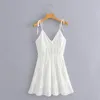 Branco Laço Sem Mangas Verão Vestido Mulheres Hollow Out Abrióderia Sundress Botão Casual Beach Boho Vintage Vestido Curto 210415