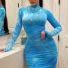 Women's Turtleneck long Sleeve fashion Spandex Stretchy Fitted Bodycon Sexy Club Tie Dye Printing Plus Size Dress 2021 X0521