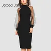 Jocoo Jolee Fashion Lace Sheer Puff Sleeve O Neck Slim Dress Elegant Office Lady Split Pencil Dress Party Club Dress 210619