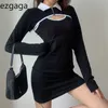 Ezgaga 2ピース衣装女性ファッションセクシー長袖スモックコントラストノースリーブミニドレスレディースボディコンクラブウェアカジュアル210430