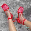 2021 Latest Designed T-Strap Breathable Fishnet Shoes Sandals Women Square toe Lace Up Sexy Sandals Heeled Dress Shoes