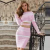 Summer Pink Bandage Sets Sexy Women 2 Two Pieces Set Striped Hollow Out Club Celebrity Party Dress Vestidos 210423