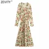 Women Vintage V Neck Tropical Leaves Print Casual Loose Midi Dress Female Chic Hole Party Vestido Clothes DS4933 210416