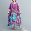 Johnature Vintage Patchwork Color Dresses For Women O-Neck Half Sleeve Autumn Plus Size Women Clothes Purple Dress 210521