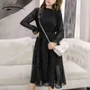 Noir Vintage Vêtements Printemps Lady Longue Robe En Mousseline De Soie Mode Coréenne Femmes À Manches Polka Dot Plissée 3670 50 210521