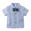 Kleding voor jongens baby boog set verjaardag formele pak zomer geboren kleding blauw shirt top + jarretelle broek outfits 210521