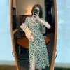 Jupe mince Mode Français Manches courtes Longue robe fendue florale Été pour femmes 210507