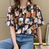 Mode vrouwen korte mouw Koreaanse stijl blouse vrouwelijke drukontwerp casual dames shirts vrouwen kleding 210507