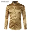 Gold Silk Satin Shirt Men Chemise Homme Fashion Mens Slim Fit Long Sleeve Emulation Button Down Dress Red 210721