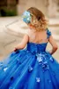 2022 Blue Flor Meninas Vestidos Lace Floral Apliques Sheer Garotas Garotas Garotas Garotas Garotas Gravuras Lace Up Crianças Vestido De Festa de Aniversário