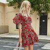 Мода Женское летнее платье V-образным вырезом с коротким рукавом Beach Red Mini Floral Flocks для леди Полиэстер Vestido Verano Одежда 210625