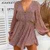 Loose Wide Leg Print Rompers Womens Jumpsuit New Spring Fashion Long Sleeve Button Romper Dress Summer Beach Chiffon 210412
