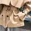 Vårkvinnor Elegant nedbrytningskrogram Dubbelbröst Trench Chic Vintage Fickor Slim Khaki Black Coat med bälte 210423