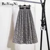 Plus Size Pleated Midi Skirts Womens Floral Printed Vintage Belt Chic Casual Chiffon Skirt Ladies Big Hem Faldas Mujer 210506