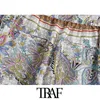 Traf Women Fashion Pockets Paisley Print Spodnie Vintage High Elastic talia zamek błyskawiczny Kobieta kostki Mujer 210415