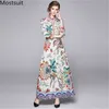 Otoño floral impreso moda largo maxi vestido de mujer cintura alta manga tres cuartos cuello vuelto fiesta vestidos vintage 210513