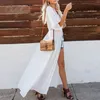 Summer Women Long Cardigan See Through Sexy Transparent White Lace Crochet Maxi Tunic Beach Dress 210415