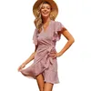 Summer floral beach dress for womens V-neck short-sleeved high-waisted fashion ladies mini Print Ruffles vintage 210508