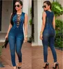 Blå Kvinna Denim Jumpsuit Romper 2021 Eleganta Ärmlös Kvinnor Overaller Party Fitness OuterWear Women's Jumpsuits Rompers