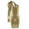 Outono Brilhante Lantejoula de Ouro Bodycon Dress Sexy Assimétrica Um Ombro Oco Celebridade Clube Festa Mini Vestidos 210527