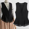 Gilet da donna 2021 Ruffles Chiffon Gilet Donna Plus Size Gilet corto Primavera Giacca senza maniche nera Bottone singolo Slim Veste Femme