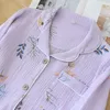 Women Cotton Gauze Pajamas Long Sleeve Spring Pajama Set Purple Lavender Print Sleepwear 2 Piece Casual Loose Sexy Nightwear 210830