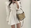 Ruche Patchwork Vintage Jurk Vrouwen Unicolor Slanke Taille Een Lijn Wit Jurken V-hals Lange Mouw Koreaanse Chic Robe Femme 210522