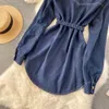 새로운 빈티지 스프링 가을 솔리드 버튼 풀 레이디 드레스 라인 폴로 칼라 오간자 싱글 가슴 여자 드레스 2022