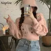 Neploe Square Collar Clavicle Exposed Sexy Strickpullover Frauen Pullover Langarm Slim Pull Femme Kurze Rosa Sueter Frühling 210423