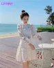 Retro Totem Hollow Embroidered Puff Sleeve Waist Cotton Dress Lace Knee-Length Regular Print 210416