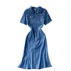 Women's Fashion Chic Vintage Denim Summer Dress Button-down Waist Slim Fishtail Short Sleeve Jeans Vestidos S828 210527