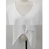 Korean V-neck White Cotton T-shirt Top Women Summer Half Sleeve Loose Tshirt Women Arc Line Solid Tee Shirt Femme 13683 210528