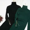コロバフニットドレス秋冬の新しいシックなタートルネック長袖ボタン包帯ドレス韓国のエレガントOL Robe Femme 210430