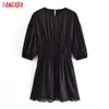 Summer Women Black Tunic Lace Pathcwork Puff Short Sleeve Ladies Mini Dress Vestidos 3H251 210416