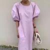 Vestido de bolsillo minimalista para mujer, cuello redondo, holgado, de manga corta, púrpura, a media pantorrilla, para mujer, 210427