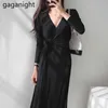 Chic Women Bodycon Colid Maxi платье с длинным рукавом Sexy V-образным вырезом Criss Cread Party платья Корейский повязка Slim Vestido 210601