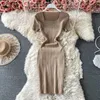 Summer Dress Solid Color Women's Knitted Bodycon Elegant Square Collar Short-sleeved Elastic Knee Length Casual 210603